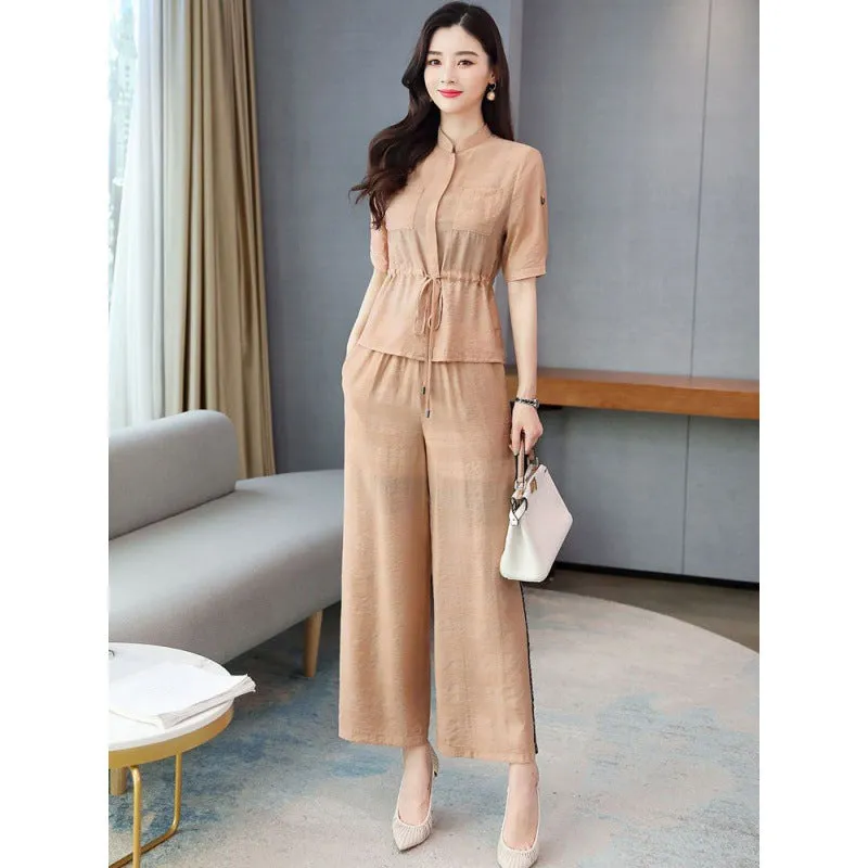 Zh Cotton and Linen Wide-Leg Pants Suit Women's Summer Wear  New Small Slimming Linen Leisure Fashion Two-Piece Suit minus