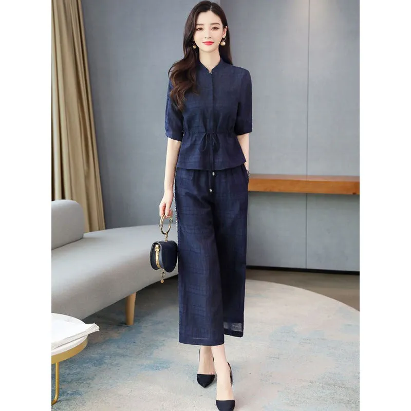 Zh Cotton and Linen Wide-Leg Pants Suit Women's Summer Wear  New Small Slimming Linen Leisure Fashion Two-Piece Suit minus