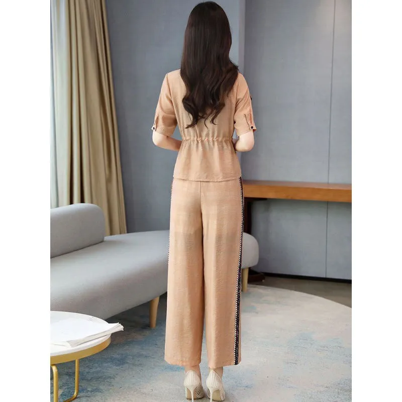 Zh Cotton and Linen Wide-Leg Pants Suit Women's Summer Wear  New Small Slimming Linen Leisure Fashion Two-Piece Suit minus