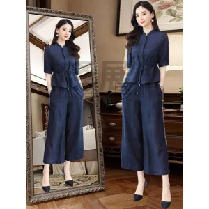 Zh Cotton and Linen Wide-Leg Pants Suit Women's Summer Wear  New Small Slimming Linen Leisure Fashion Two-Piece Suit minus