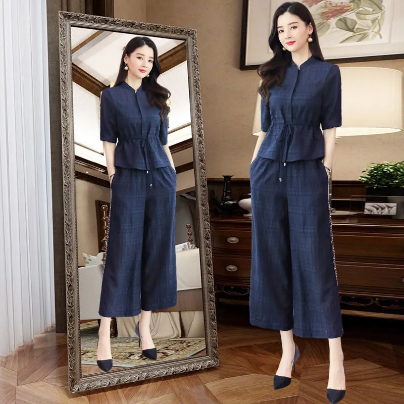 Zh Cotton and Linen Wide-Leg Pants Suit Women's Summer Wear  New Small Slimming Linen Leisure Fashion Two-Piece Suit minus